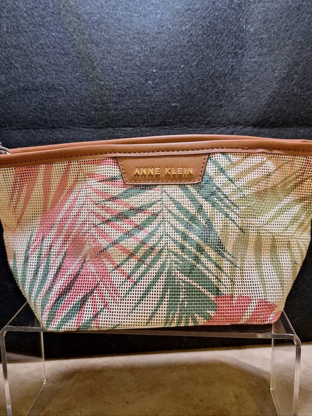 Anne Klein Mesh Make-up Accessory Bag Palm Tropical Print Zip Top 10"